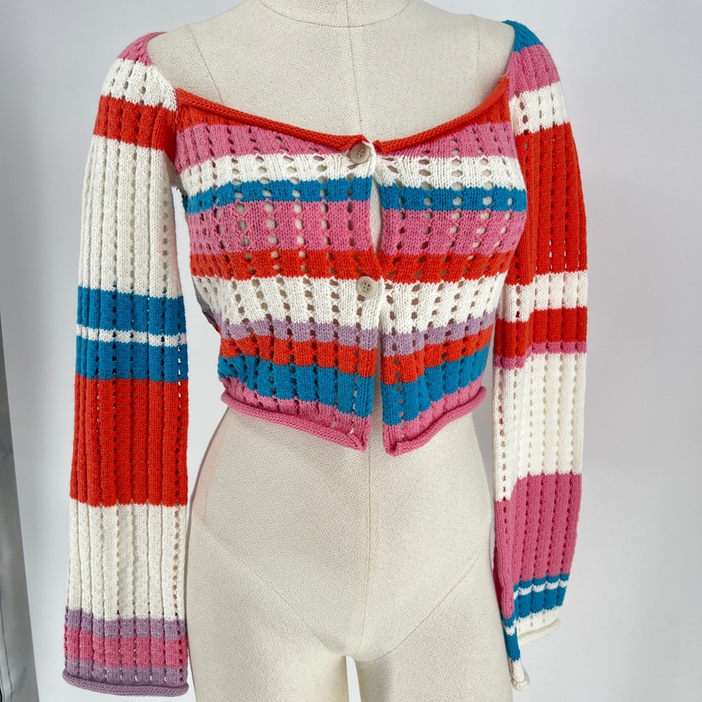 More To Come Striped Crochet knit Crop Top Cardigan Sweater Women Size‎ S boho